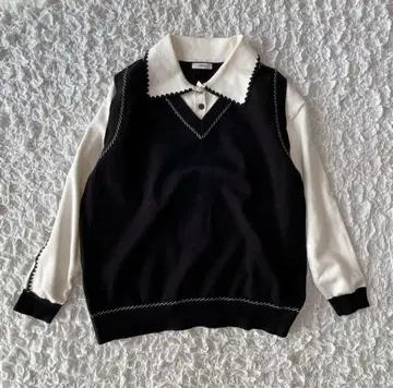 쿠오세 베스트 도킹 니트 피케 셔츠 (S) 오버 사이즈 레이어드