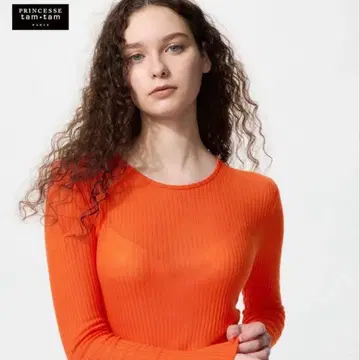 유니클로 히트텍 캐시미어 블렌드 포인테일 크루넥 티 L 오렌지