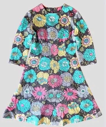 레트로 꽃무늬 7부 소매 A라인 원피스