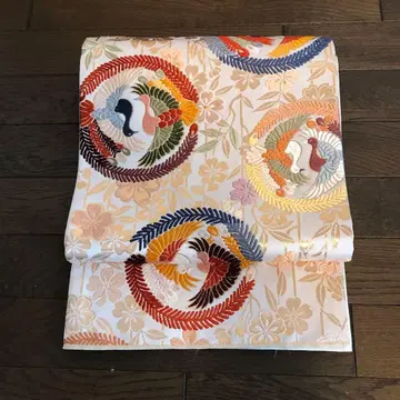 후쿠로 오비 금실 봉황 화려한 무늬 흰 바탕 꽃 문양