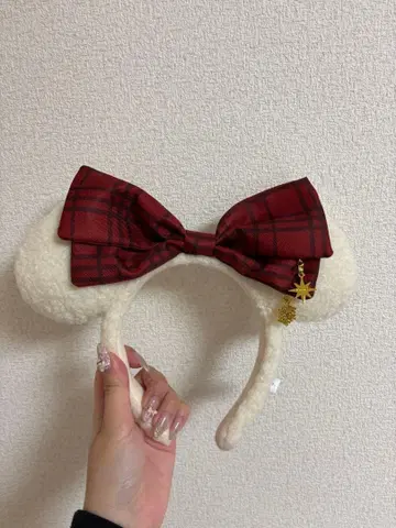 릴리린 미키 귀 머리띠 빨간색 체크 리본 디즈니