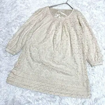 베이지 레이스 튜닉 오부소매 광택감 있는 안감 캐주얼