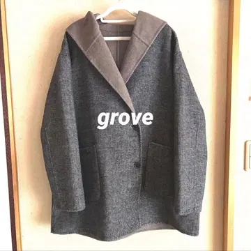 grove 후드 부착 울 혼방 그레이 계열 체크 코트