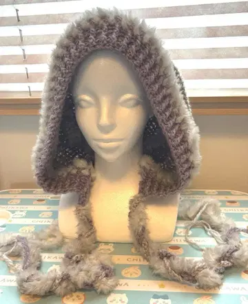 푹신푹신 후드 부착 니트 모자 보라색과 그레이