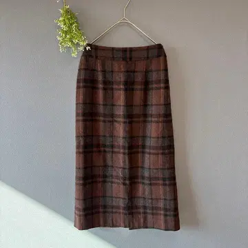 레리움 [S] 고급 내추럴 울 블렌드 체크 무늬 롱 타이트 스커트