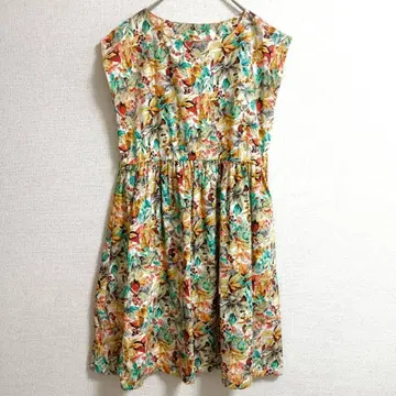 s0647 코튼 슬리브리스 원피스 일본제 허리밴딩 보태니컬 무늬