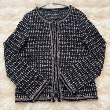 유나이티드 애로우즈 프린지 트위드 가디건 네이비 울 혼방