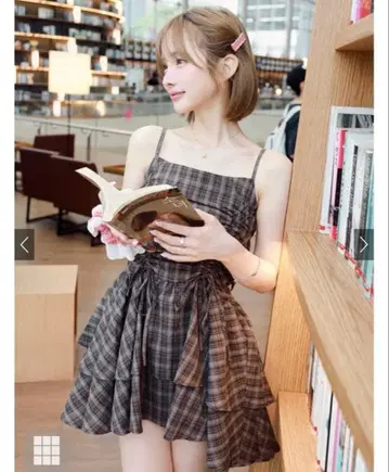 체크 무늬 드로스트 리본 미니 원피스[dk1357]