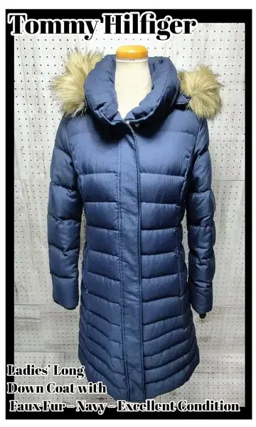 타미힐피거 롱 다운 코트 미 실루엣 네이비 인조 모피 M