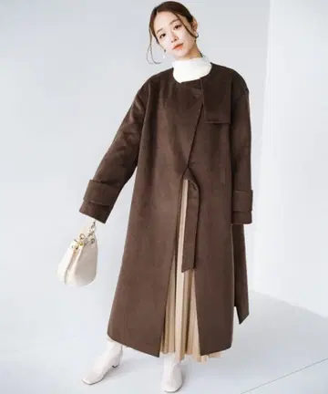 haco! 사이드 벨트 노카라 코트 브라운