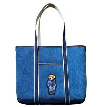 새상품 정품 폴로 랄프로렌 데님 자수 베어 소가죽 토트백