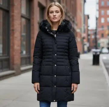 ZARA BASIC 퍼 달린 롱 다운 코트 블랙 다운 블랙