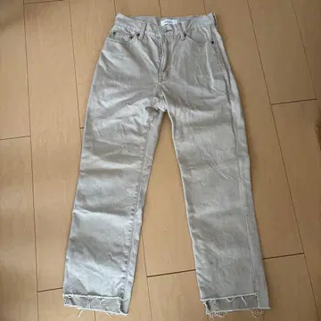 베이지 하이웨스트 데님 팬츠 프린지 밑단