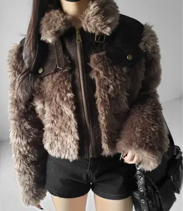 브라운 퍼 숏 자켓 y2k