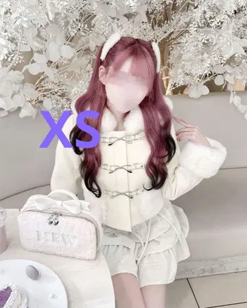 미셸 마카롱 허니 뮤우 리본 비트 후드 숏코트 XS