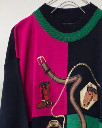 컬러 블록 니트 스웨터 마구 자수