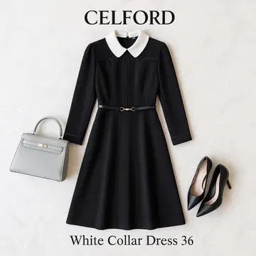 미사용급 셀포드 카라 부착 긴팔 플레어 원피스 벨트 블랙 36 S