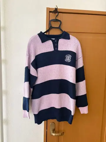 스트라이프 피케 셔츠 긴팔 핑크 네이비