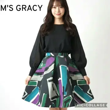 새상품급 M'S GRACY 턱 플레어 스커트 새틴 A라인 기하학 일본제