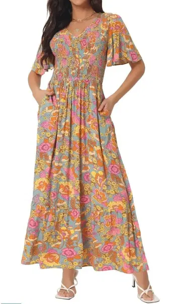 캐주얼 원피스 꽃무늬 플러터 슬리브 V넥 스모킹 하이웨스트