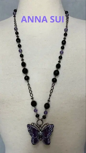ANNA SUI 버터플라이 롱 목걸이 보라색 빅 반짝이