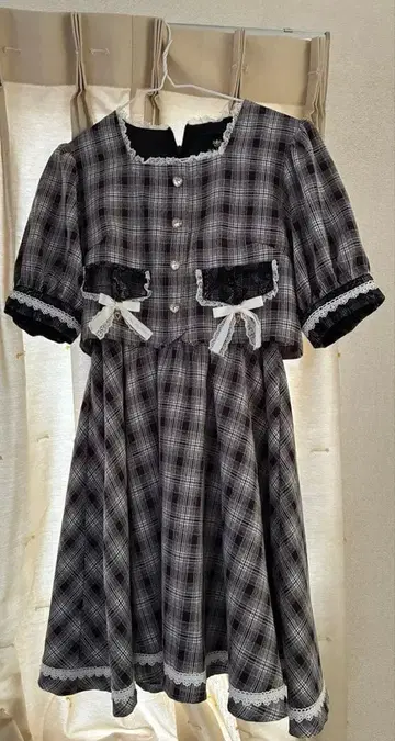 ROJITA 플랩 리본 부착 레이어드 원피스 체크 양산형 지뢰계