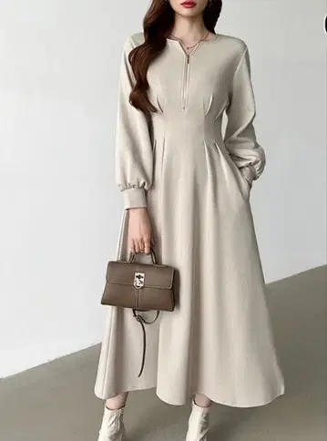 베이지 지퍼 A라인 롱 드레스 S 사이즈