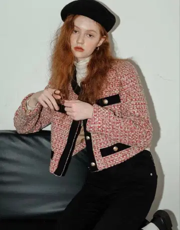 ISISLOVE 노카라 자켓 빨간색과 블랙 트위드