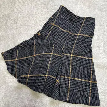 차콜 그레이 플레어 체크 스커트 엘레강트 트위드 머스타드