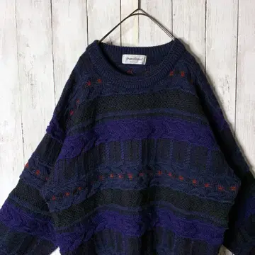 3D 디자인 니트 굵은 보더 퍼플 멀티 컬러 개성있는 빅 루즈