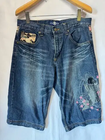 호텐쇼텐 일본풍 패턴 하프 팬츠 자수 잉어 벚꽃 L 코튼 데님