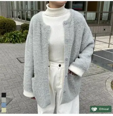 리디 라메 배색 노카라 니트 코트 L