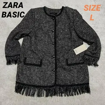 미사용 ZARA 노카라 프린지 자켓 라메 트위드 블랙 Y2K