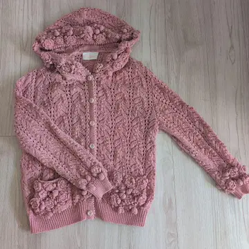 핑크하우스 플라워 뜨개질 후드 부착 가디건 꽃