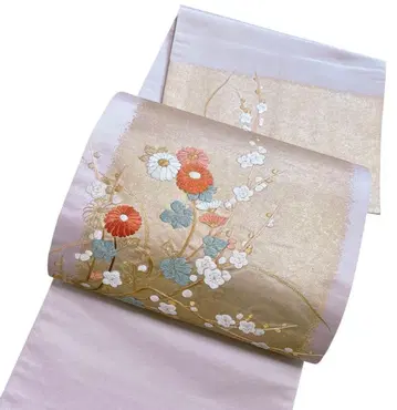 A 191 후쿠로 오비 큰 북 박쥐 자수 매실과 국화 순수 실크 기모노