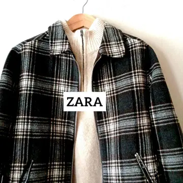 ZARA 집업 자켓 그레이 브라운 체크 무늬 체크 블루종 L