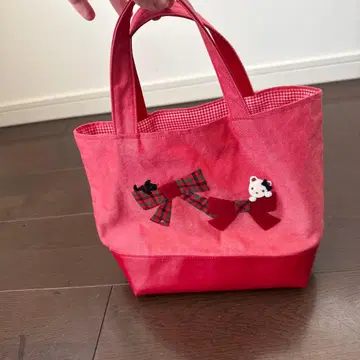 familiar 핑크 리본 자수 토트백