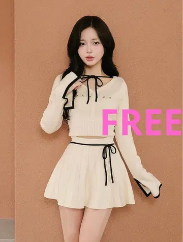 다리치 허리 오픈 리본 디자인 니트 미니 원피스