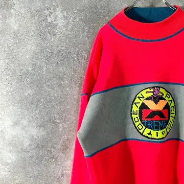 OP 니트 스웨터 긴팔 오렌지 그레이 형광색 하이넥 와펜