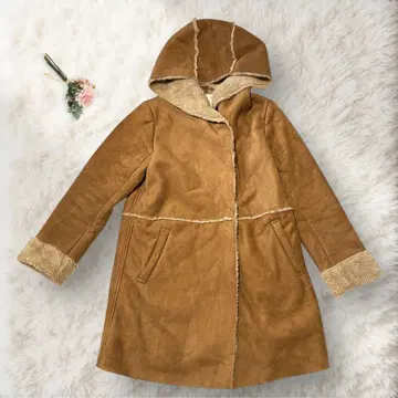 [테치치] 무스탕 코트 후드 부착 스웨이드 느낌 브라운 따뜻한