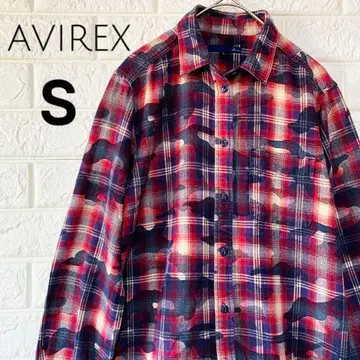 AVIREX 체크 무늬 긴팔 셔츠 S 카모플라쥬 블루 퍼플 플란넬 셔츠