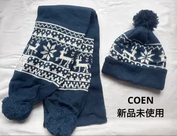 Coen 니트 모자 머플러 세트 노르딕 무늬 네이비