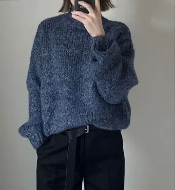 옥순 하이넥 믹스 니트 블루