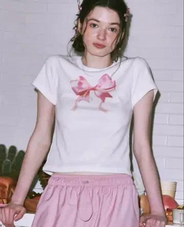 한국 브랜드 RonRonDOUBLERIBBON 핑크 리본 티셔츠