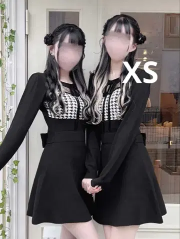 미셸 마카롱 이모짱 콜라보 데콜테 오픈 하운드투스 체크 원피스 블랙