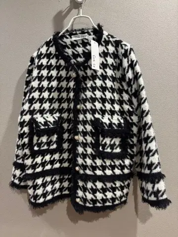 미사용 하운드투스 패턴 노카라 니트 자켓 펄 버튼