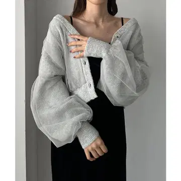 Louere 튤 숏 니트 가디건 라이트 그레이