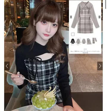 그레일 체크 무늬 프론트 오픈 리본 니트 미니 원피스