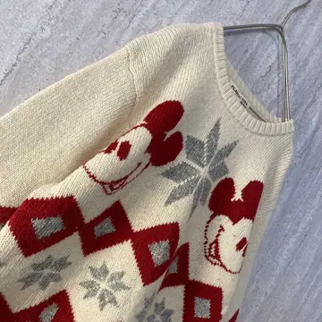 빈티지 니트 미키 아가일 앤티크 울 크림