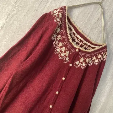 빈티지 가디건 꽃 자수 펄 레이스 걸리시 보르도